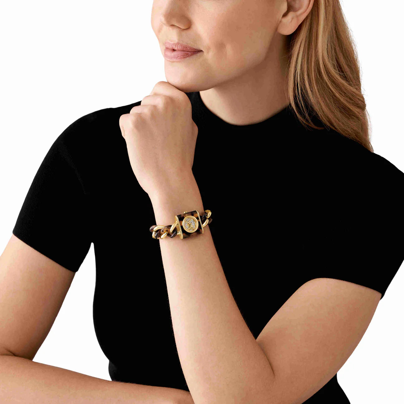 Michael Kors Petite Lock Pavé Gold-Tone and Tortoiseshell Acetate Chain Watch